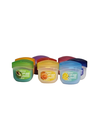 Three assorted mini lip balms in colorful containers