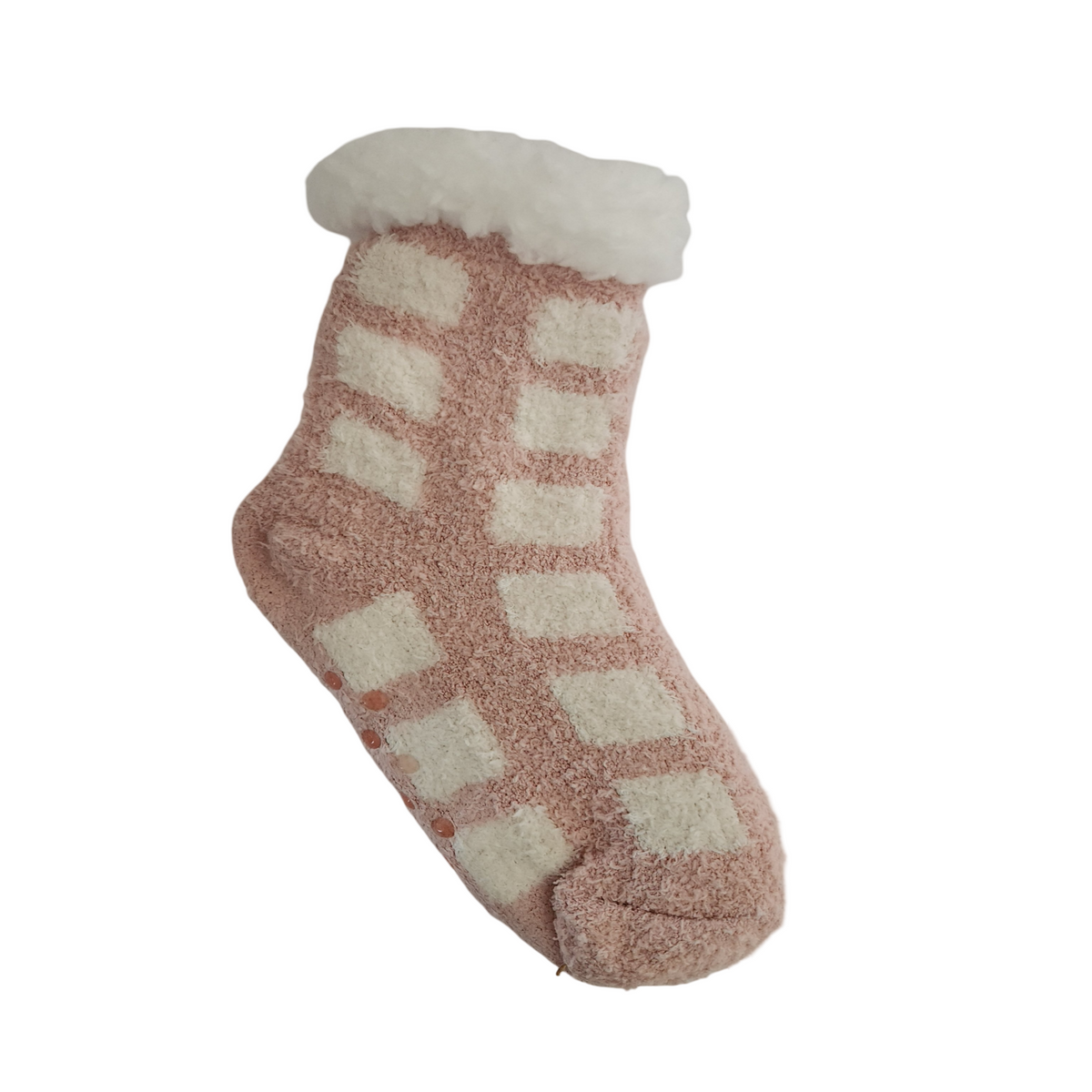 Pair of pink and cream checkered fleece-lined slipper sock with fluffy white cuff and non-slip grips along the sole, shown from the side.