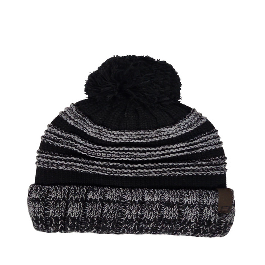 Black and gray knit winter hat with pom-pom and textured design.