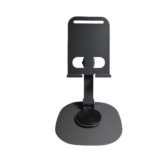 Gray adjustable folding aluminum phone stand with upright holder and round rotating base on a white background.