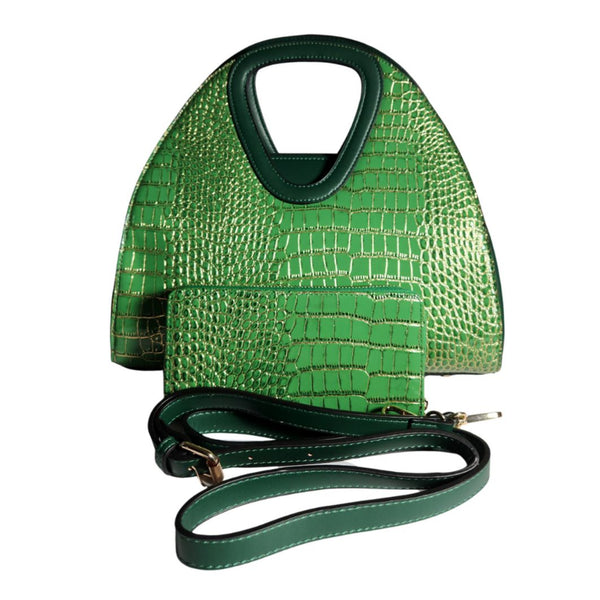 Green & Gold crocodile-embossed dome satchel with matching wallet and detachable strap
