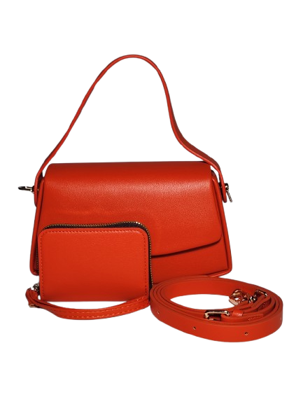 Orange flap baguette bag with matching wallet and shoulder strap