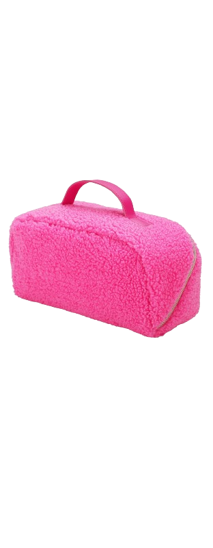 Pink textured cosmetic bag with top handle and zipper closure