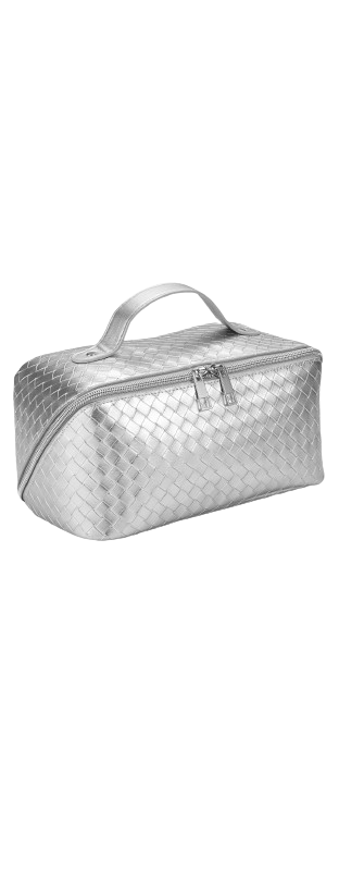 Silver metallic cosmetic bag with top handle and zipper closure