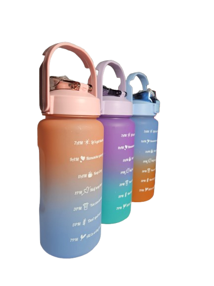Purple, blue, and peach fade motivational time marker water bottle