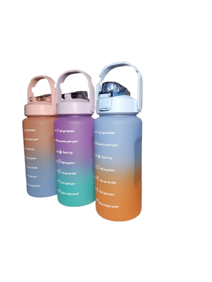Purple, blue, and peach fade motivational time marker water bottle
