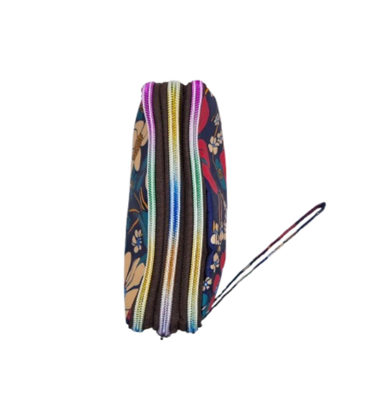 Sideview of Navy Floral zip pouch showing three zippered compartments and wrist strap
