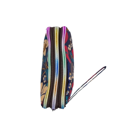 Sideview of Navy Floral zip pouch showing three zippered compartments and wrist strap