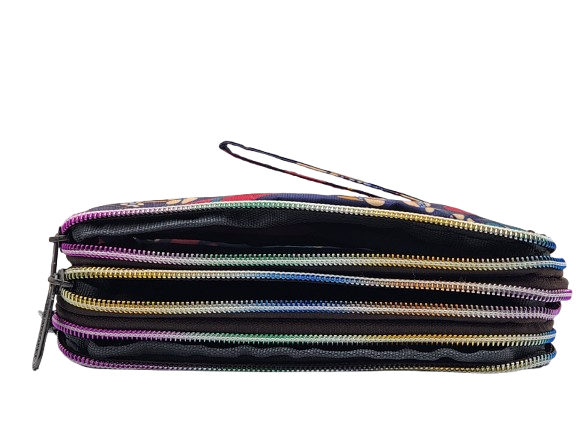 Top view of navy floral zip pouch showing three zippered compartments and wrist 