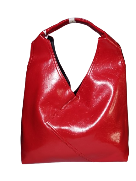 Red LA TERRE origami triangle tote front view