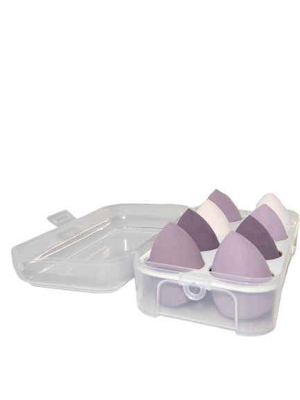 Purple makeup sponges with open storage case