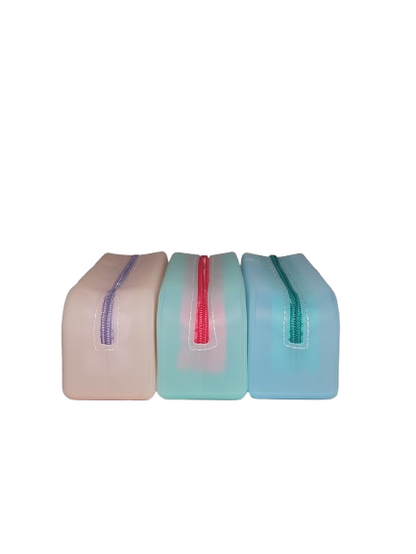 Soft Jelly Zipper Pouches front view in purple, pink, and blue