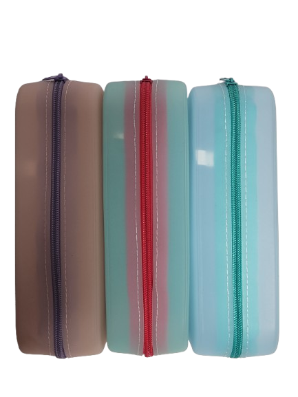 Sot Jelly Zipper Pouches upright in purple, pink, and blue