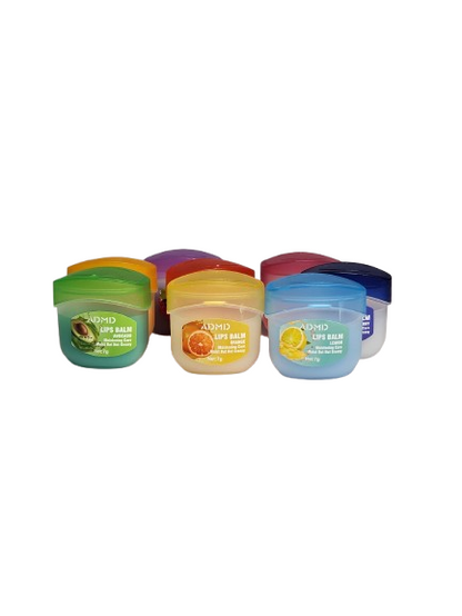 Three assorted mini lip balms in colorful containers