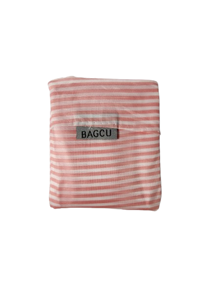 Pink stripe foldable reusable shopping bag in compact pouch