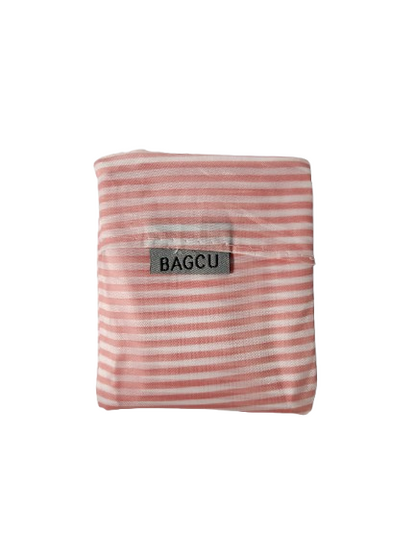 Pink stripe foldable reusable shopping bag in compact pouch