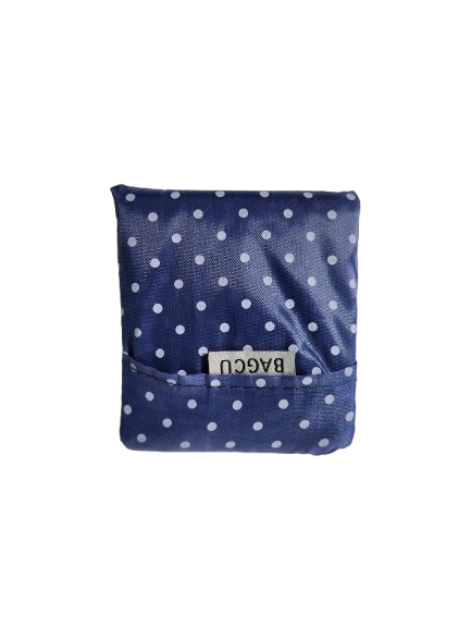 Navy polka dot foldable reusable shopping bag in compact pouch