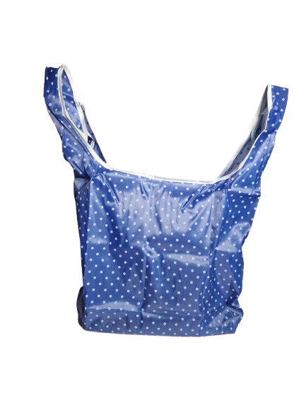 Navy polka dot foldable reusable shopping bag fully unfolded