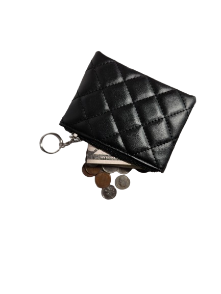 Black quilted coin pouch keychain side view