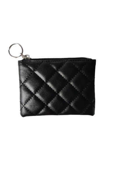 Black quilted coin pouch keychain back view