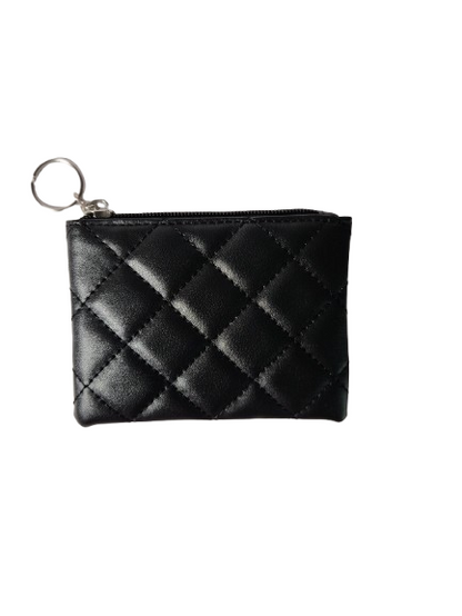 Black quilted coin pouch keychain back view