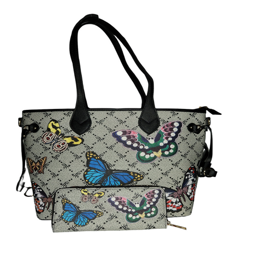 A tote bag with a matching zippered pouch, both featuring a light gray quilted pattern with colorful butterfly prints and black handles.