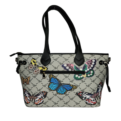 A structured tote bag with a beige and black diamond-patterned body, decorated with colorful butterfly prints in blue, yellow, green, and red. It features black faux-leather shoulder straps and trim, and a front zippered pocket.