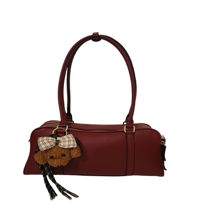 Burgundy classic fashion shoulder bag with teddy bear charm