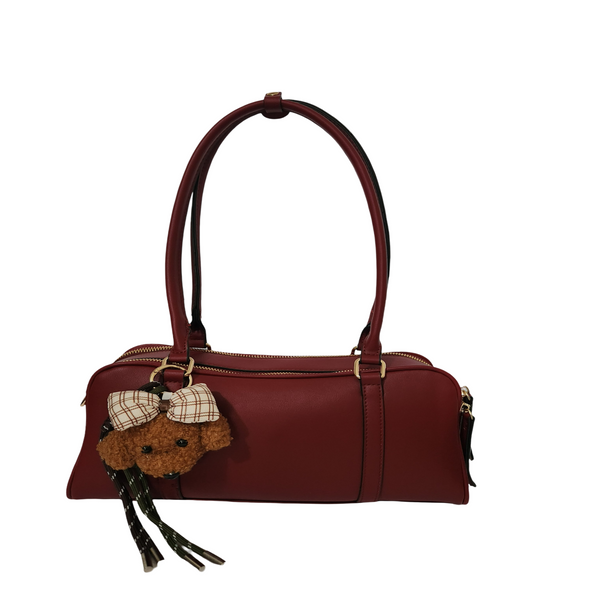 Burgundy classic fashion shoulder bag with teddy bear charm