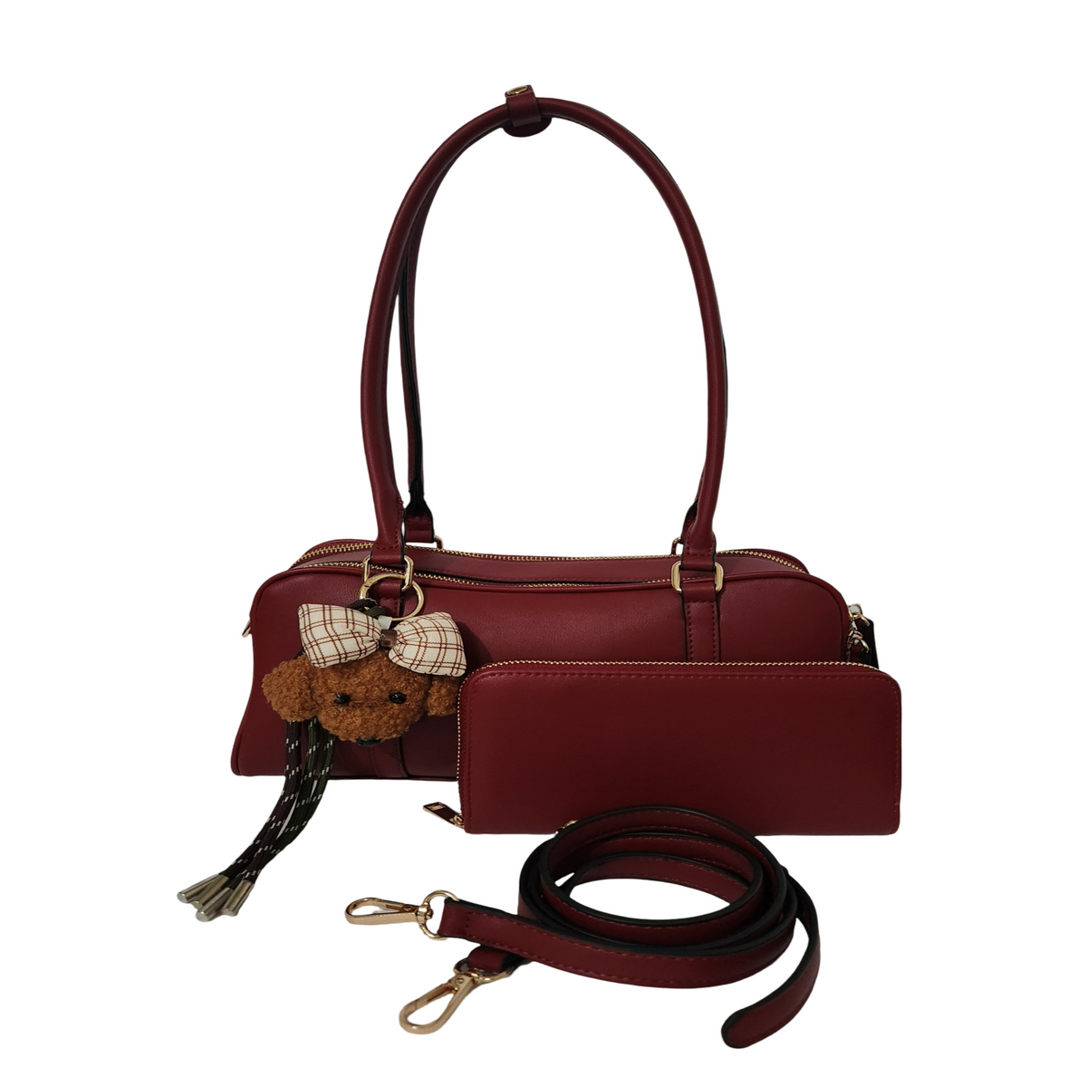 Burgundy classic fashion shoulder bag with matching wallet and teddy bear charm