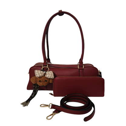 Burgundy classic fashion shoulder bag with matching wallet and teddy bear charm