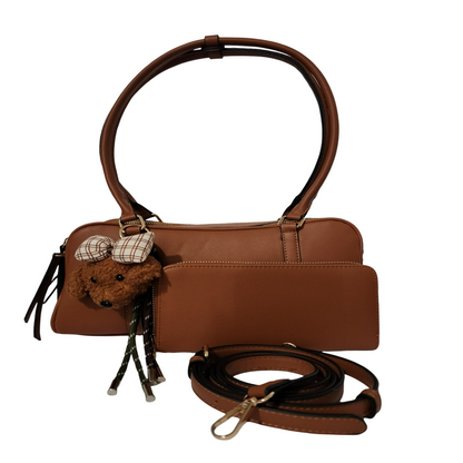 Cognac brown classic fashion shoulder bag with teddy bear charm