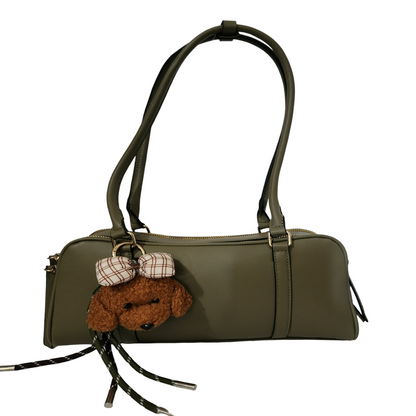 Olive green Classic Fashion shoulder bag with teddy bear charm