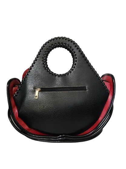 American Bee red and black cat handbag back view with zipper