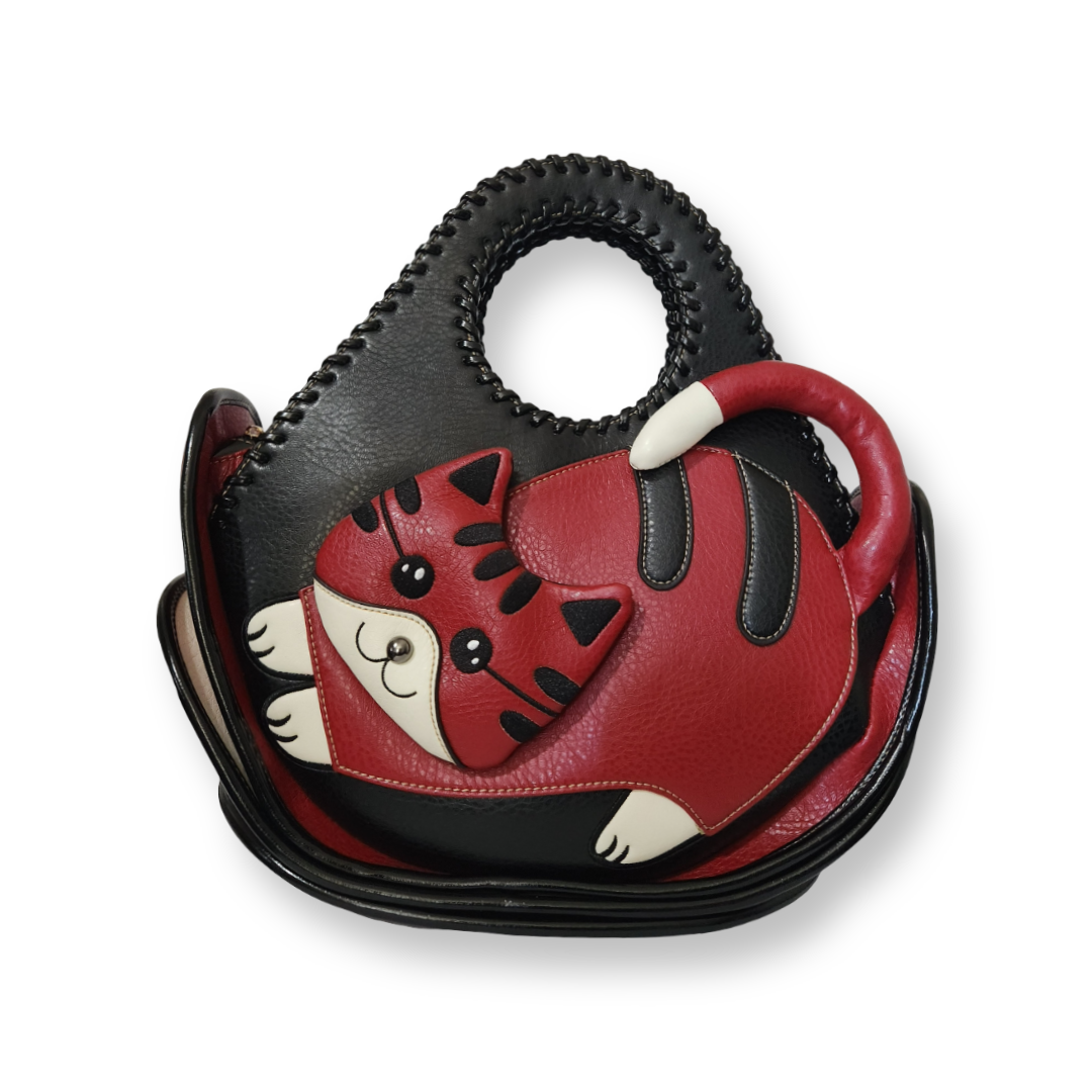 American Bee red and black cat handbag angled front view
