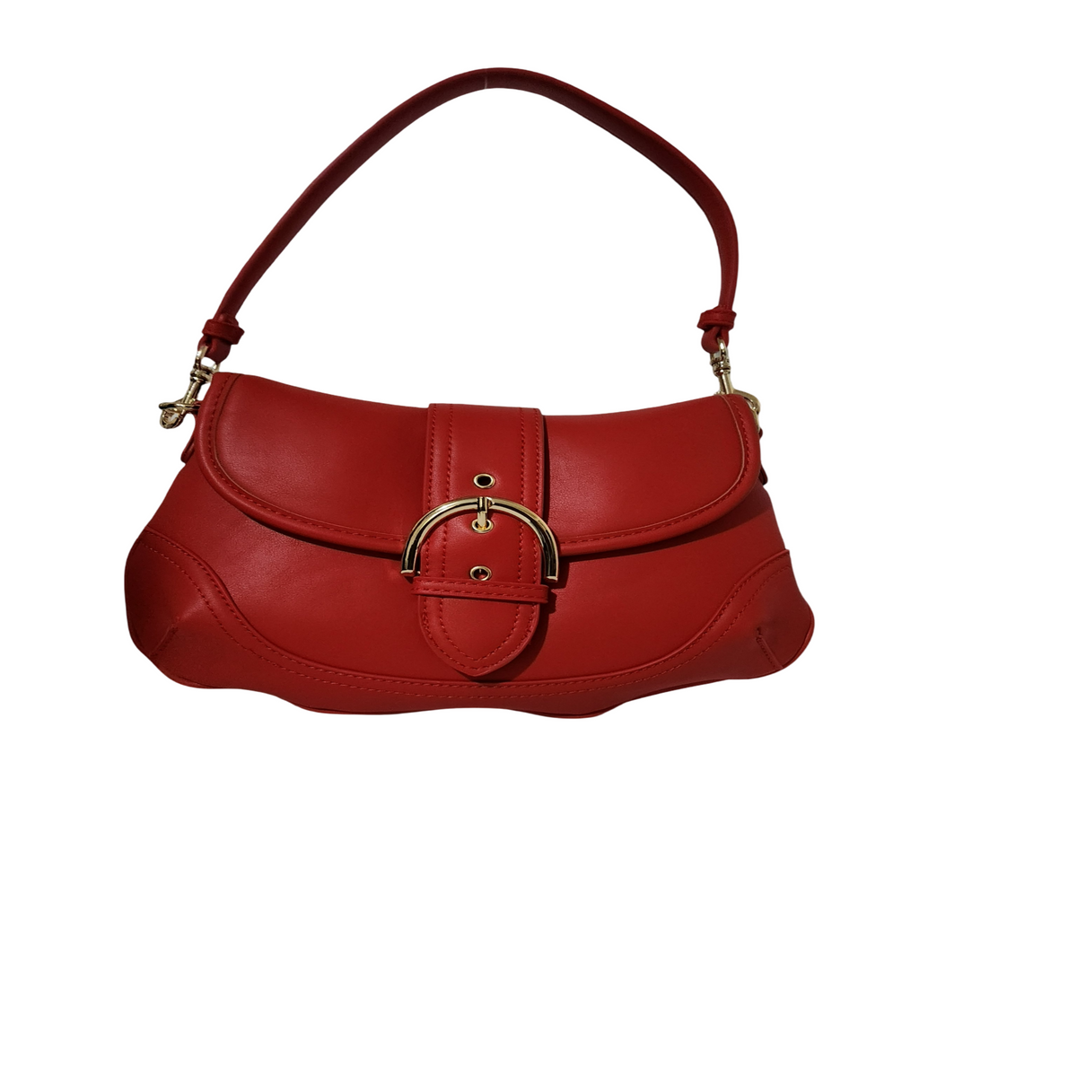 Red buckle crescent shoulder bag front view