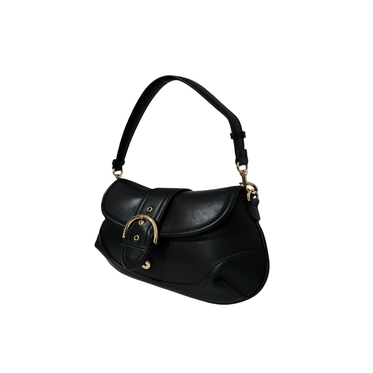 black buckle crescent shoulder bag with gold-tone hardware