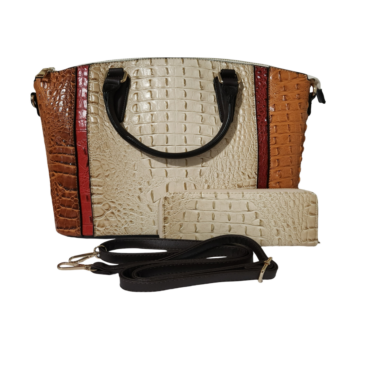 DIOPHY color-block crocodile embossed satchel set with Cream center panel, 
matching wallet and detachable strap