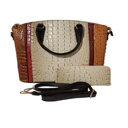 DIOPHY color-block crocodile embossed satchel set with Cream center panel, 
matching wallet and detachable strap