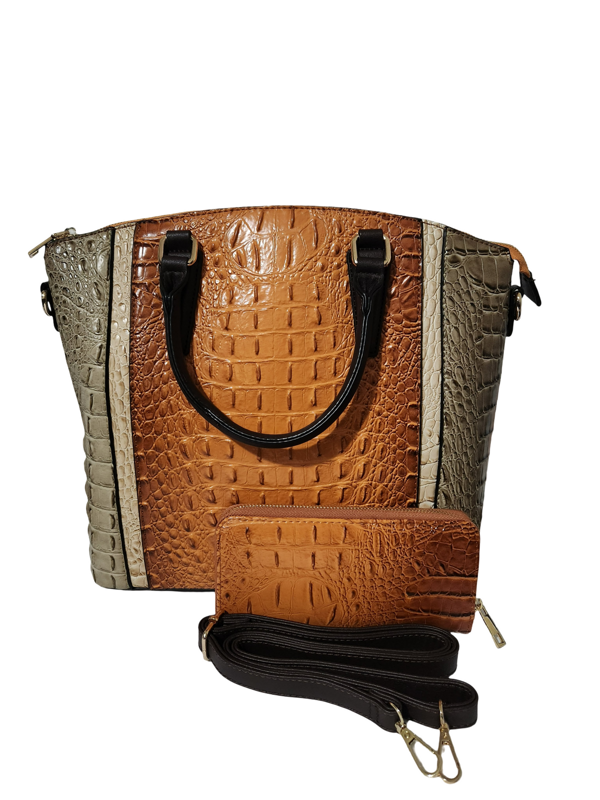 DIOPHY color-blocked crocodile embossed satchel with Honey Brown center panel, matching wallet and detachable strap