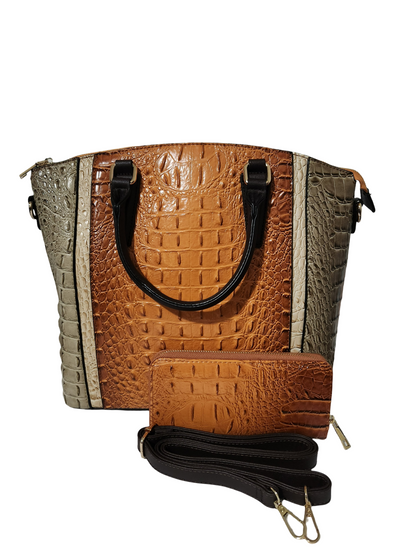 DIOPHY color-blocked crocodile embossed satchel with Honey Brown center panel, matching wallet and detachable strap