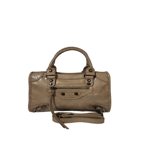 Taupe vintage buckle satchel handbag with studded details and detachable strap