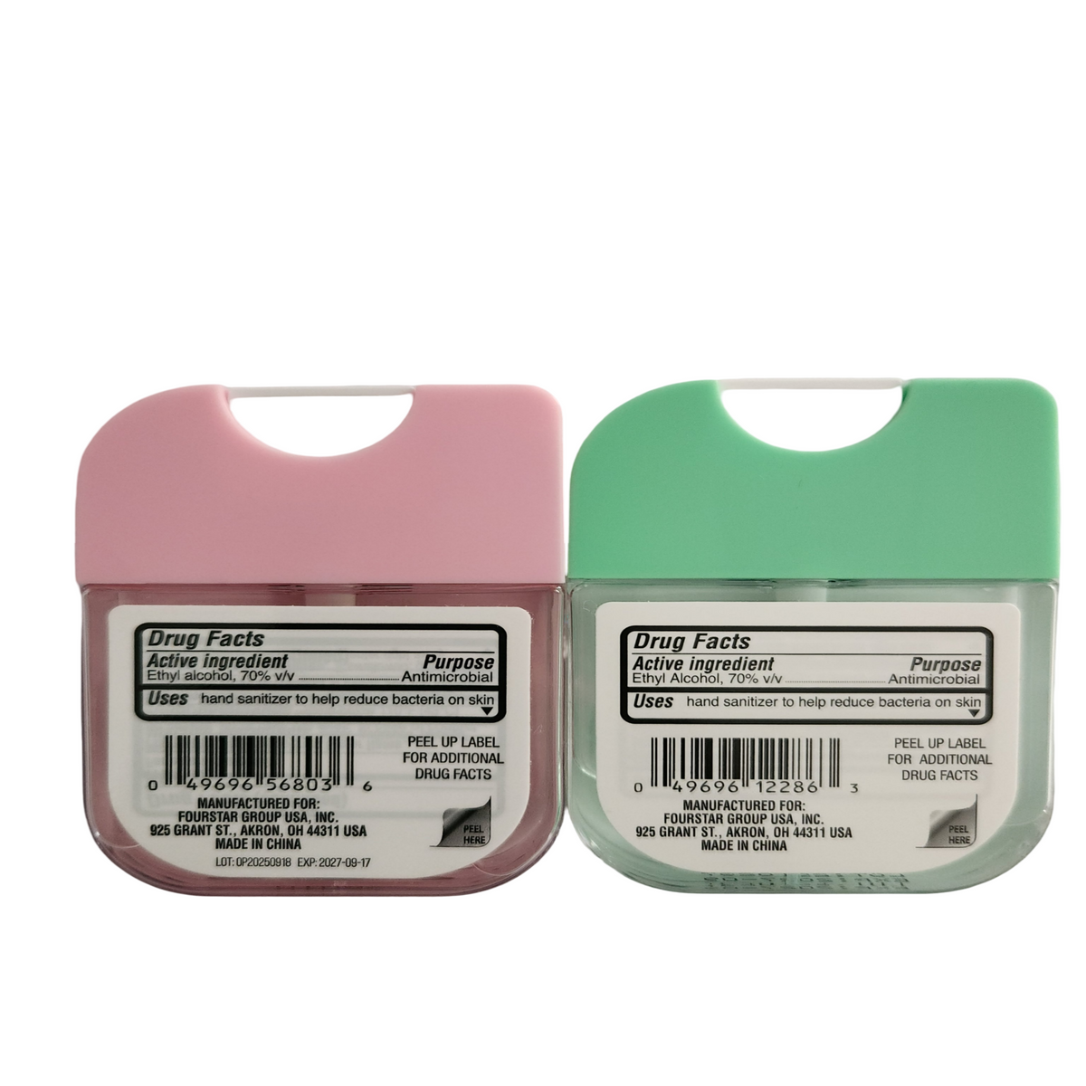 Back of Watermelon and Cucumber Mint hand sanitizers showing drug facts
