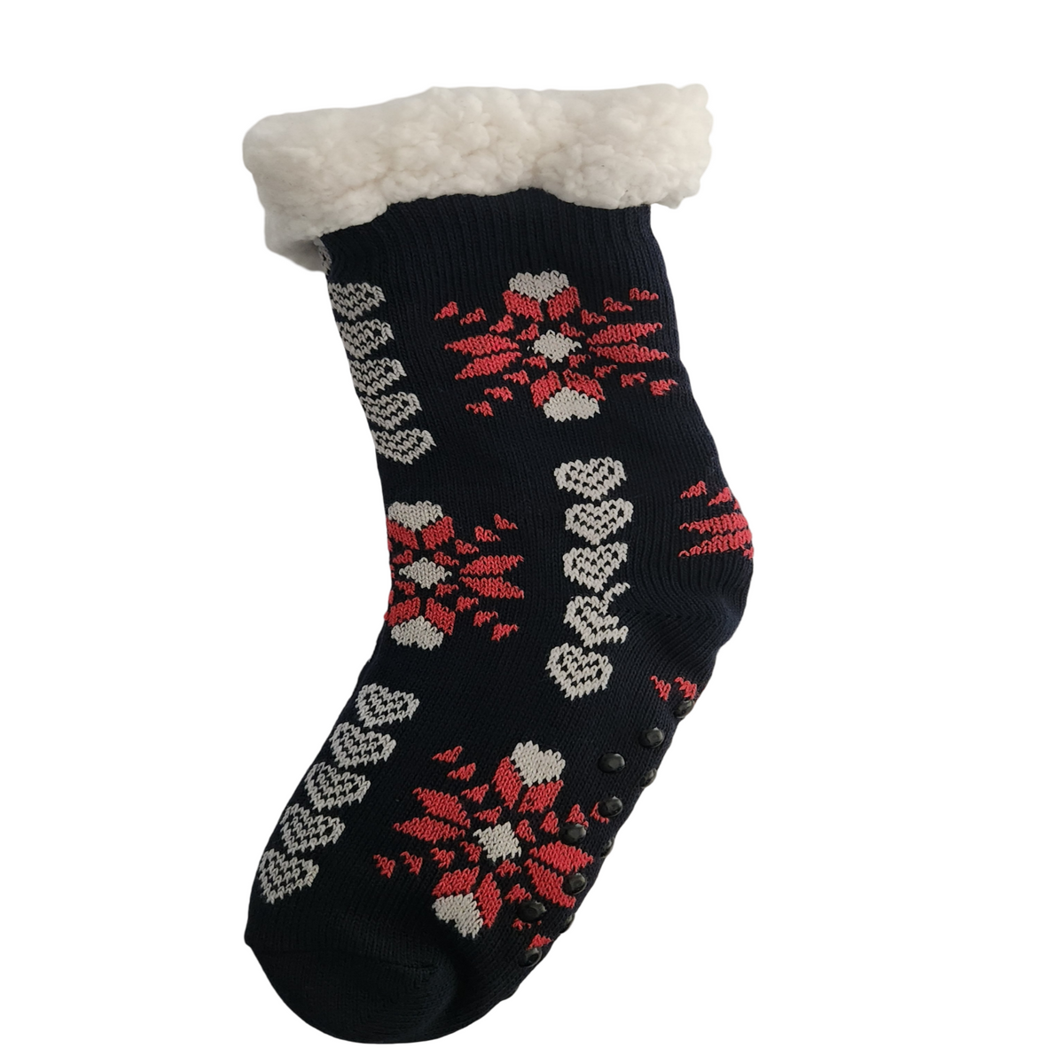 Single navy-blue fleece-lined slipper sock with red and white snowflake patterns, white hearts a fluffy white cuff, and non-slip and black non-slip grips