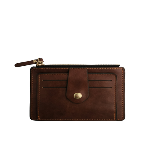 Brown faux leather card case wallet with card slots, zippered compartment, and snap closure