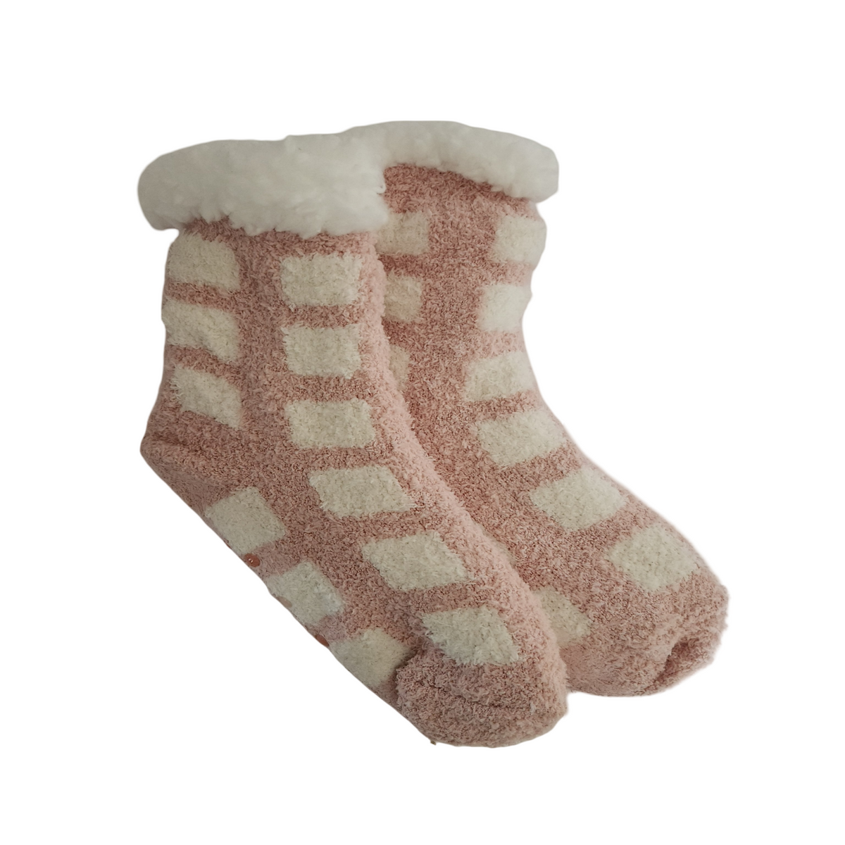 Pair of pink and cream checkered fleece-lined slipper socks with fluffy white cuffs and non-slip grips