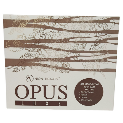 NION BEAUTY OPUS LUXE Facial Cleaner in its original white and brown floral-patterned retail box
