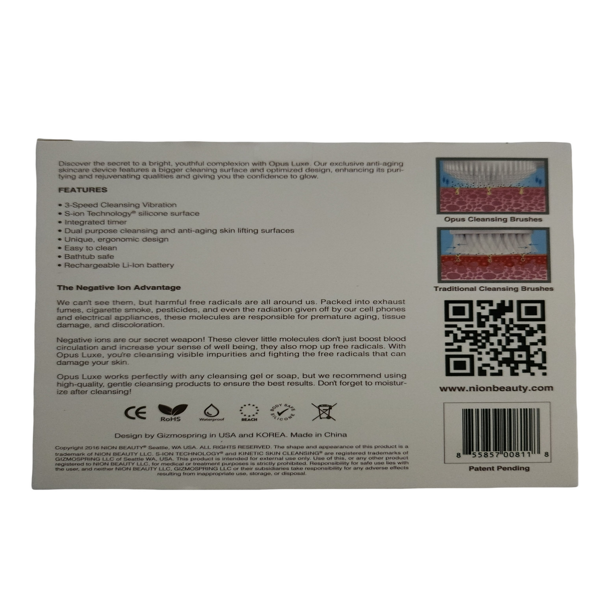 NION BEAUTY OPUS LUXE Facial Cleaner packaging with product information, a QR code, and a barcode.