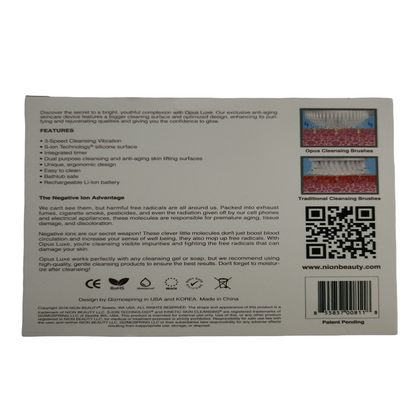NION BEAUTY OPUS LUXE Facial Cleaner packaging with product information, a QR code, and a barcode.
