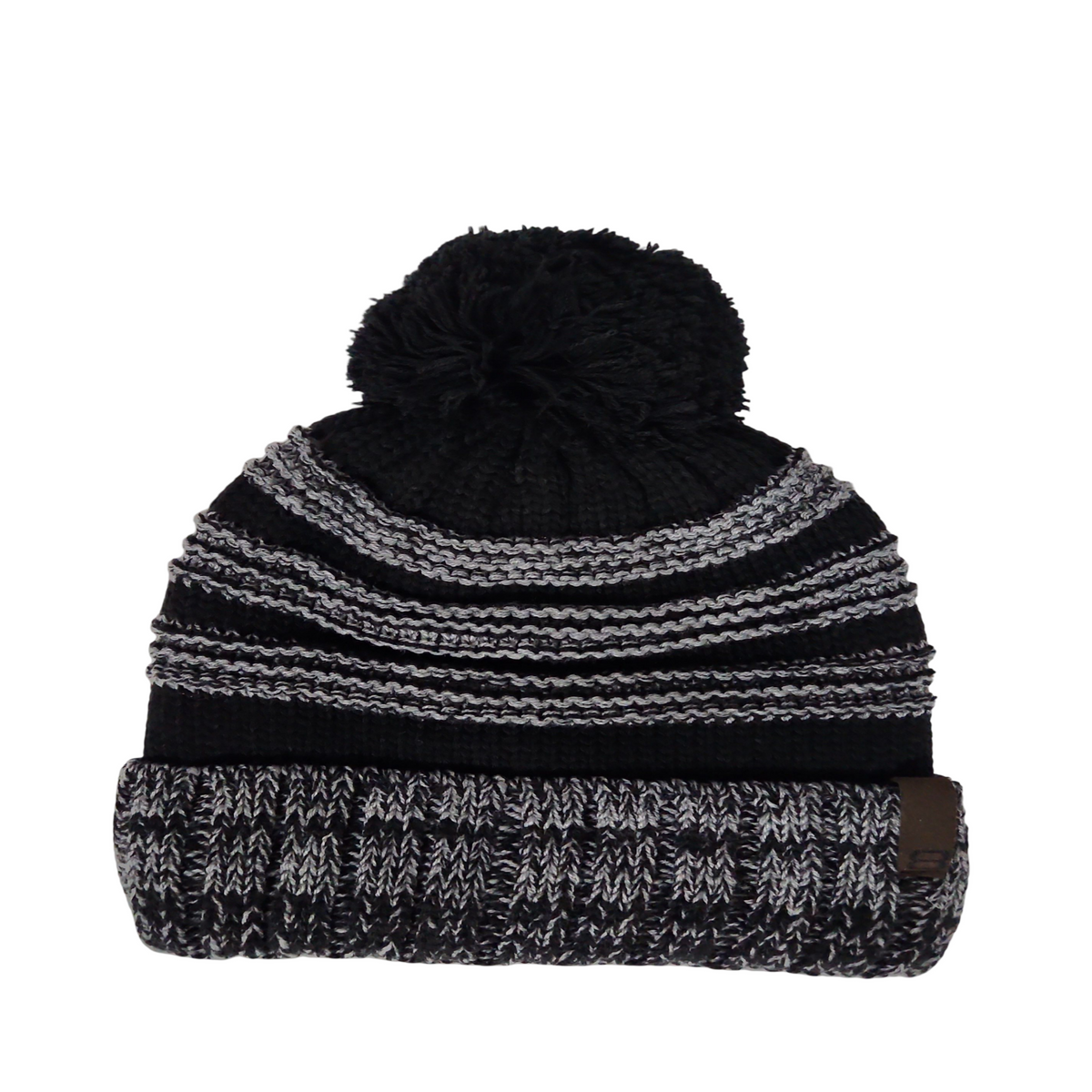 Black and gray knit winter hat with pom-pom and textured design.